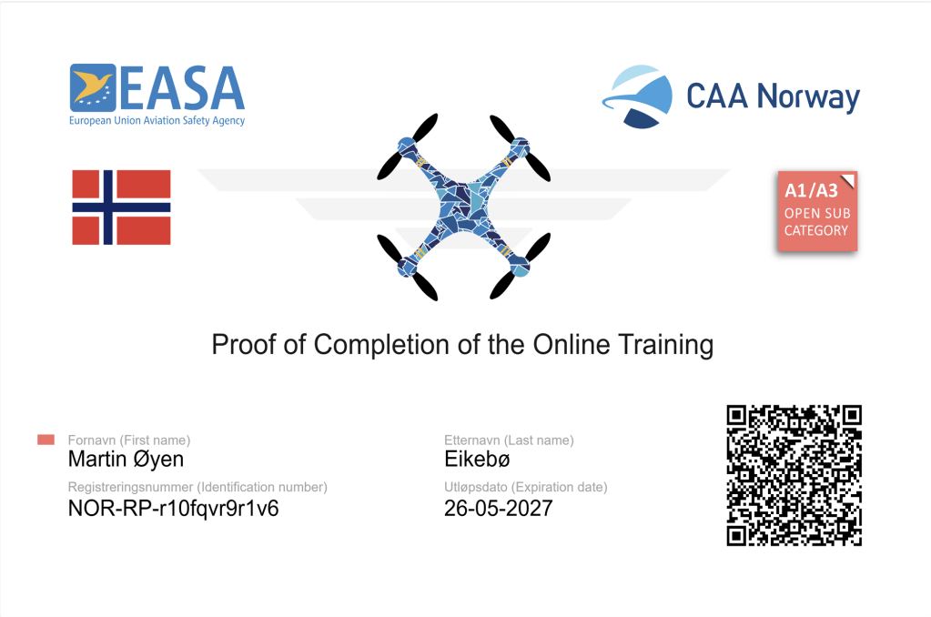 Bilde av sertifisering som dronepilot og operatør hos Luftfartstilsynet